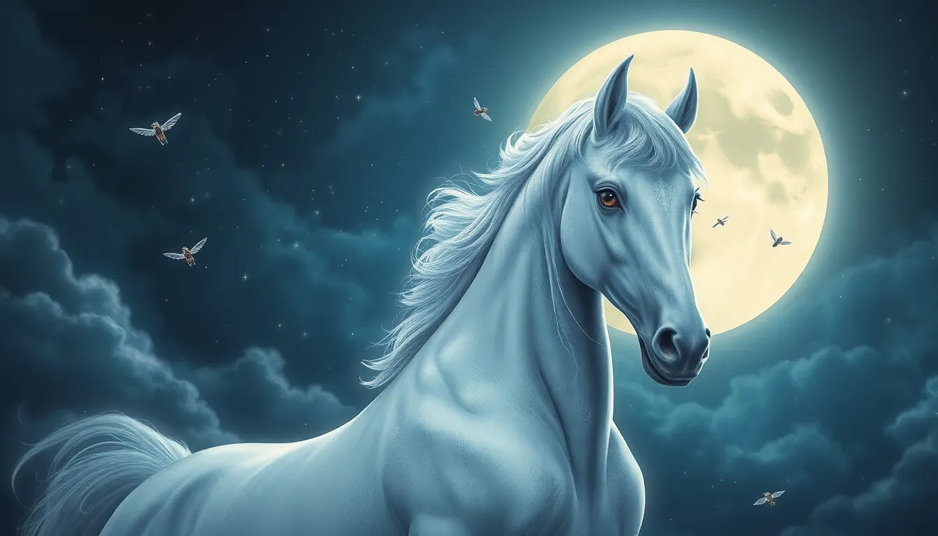 A white unicorn with flies in the sky on a moonlit night with twinkling stars.