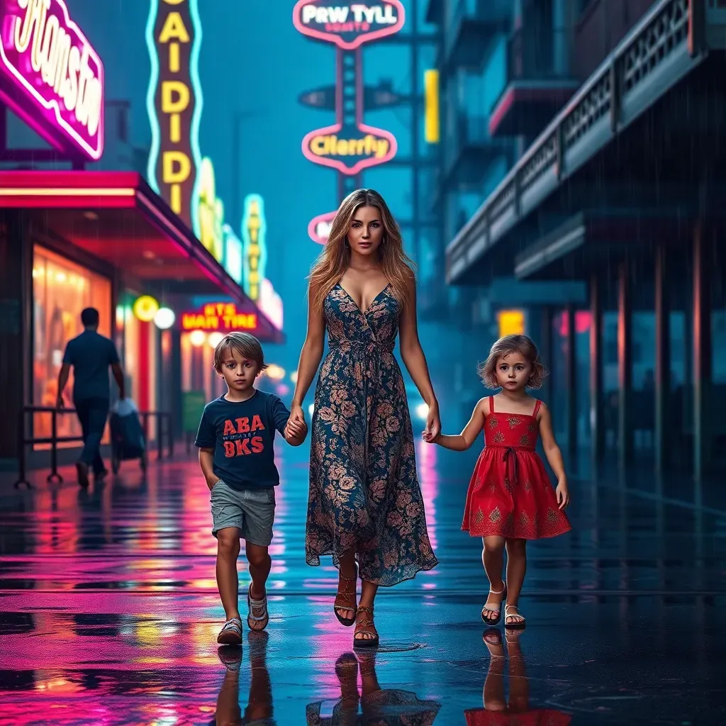 A glorious woman walking with her 2 children. she is hold their hand at the beach.