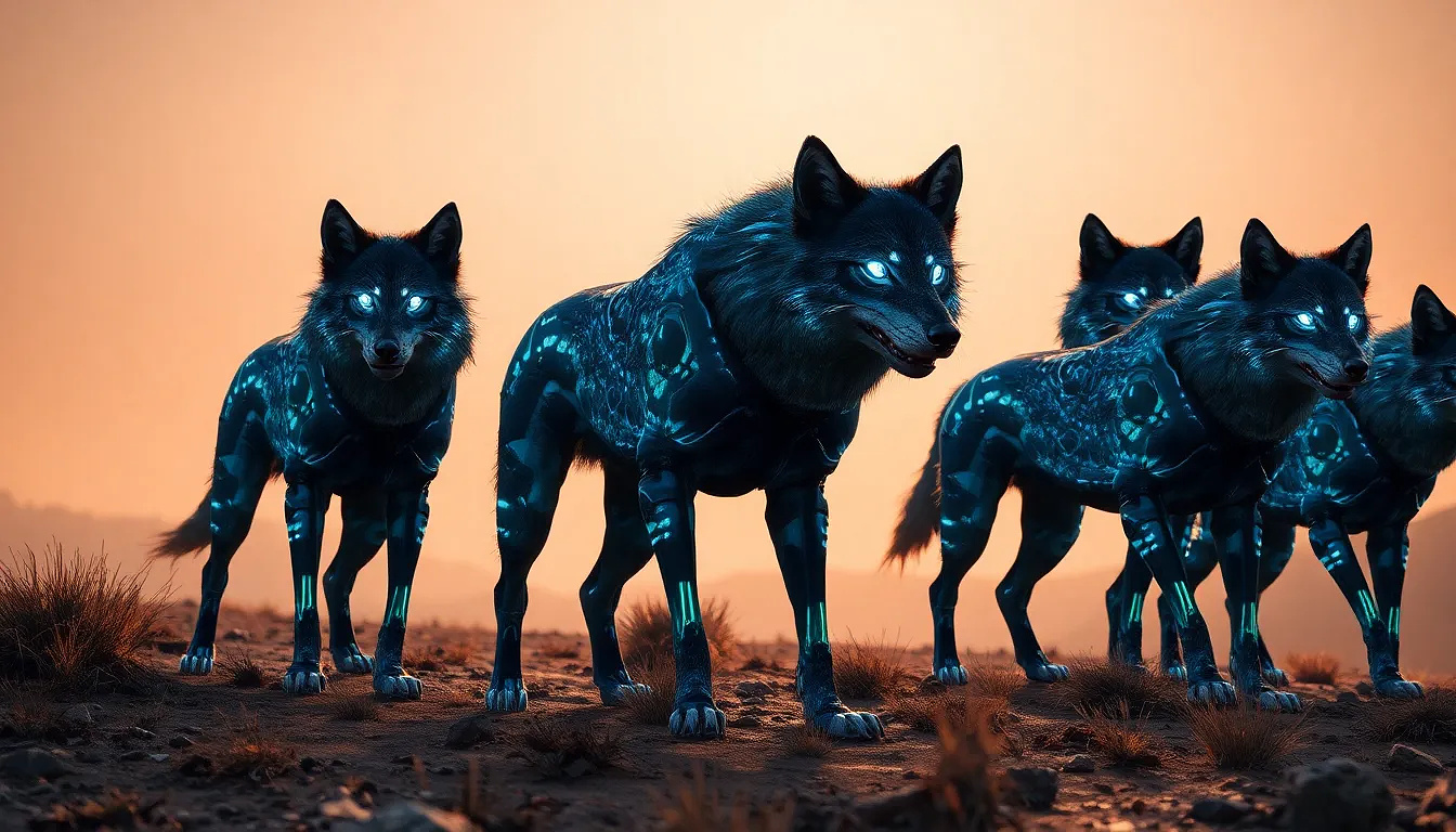 A pack of cybernetic wolf-like creatures with holographic fur, hunting on a planet with rings in the sky, sci-fi realism.