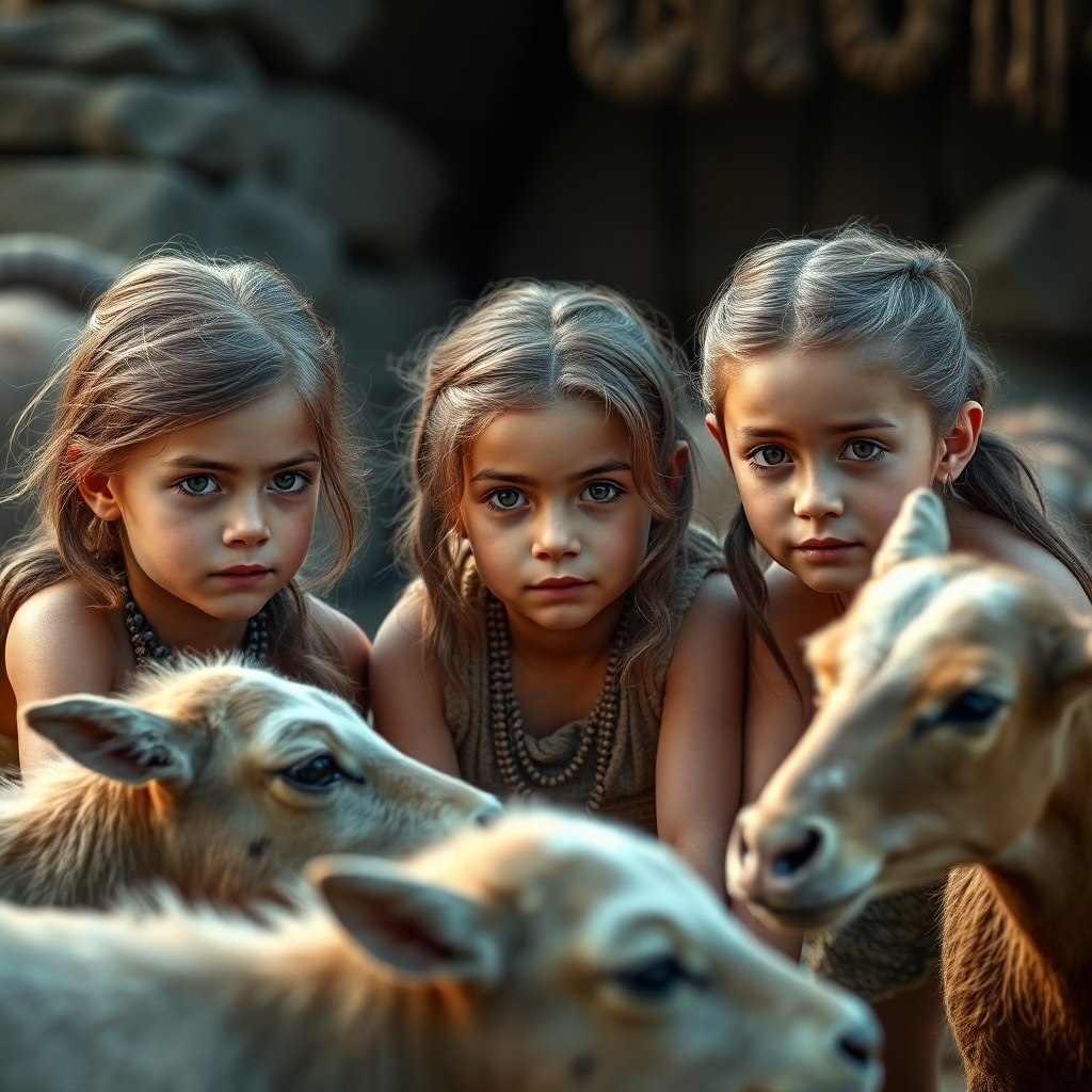 3 Little girls playing in the year 500 BC, realistic, domestic animals around the 3 girls