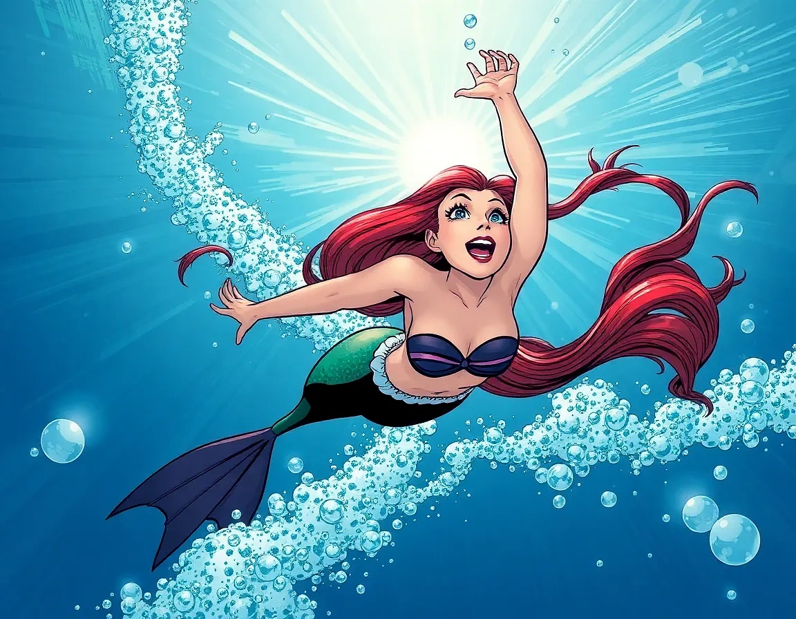 “Ariel rocketing upward through sunlit ocean, trail of bubbles, face alight with hope as she reaches for the surface”