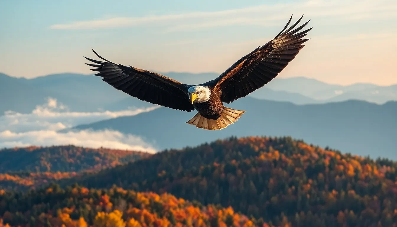 “Majestic bald eagle soaring above a carpet of autumn forest, ridgeline after ridgeline fading into blue haze, soft morning mist, photographic, panoramic view”