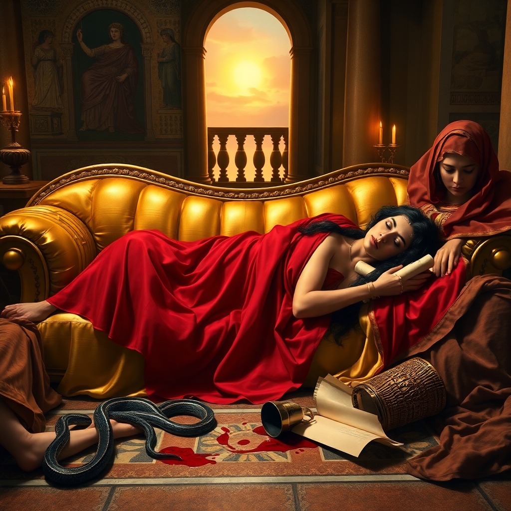 A dramatic, emotionally charged scene of Cleopatra VII's suicide in her Alexandrian palace, 30 BCE. The last Pharaoh of Egypt, a beautiful yet weary woman with Hellenistic features (copper skin, wavy black hair, a diadem resting askew on her brow), lies lifeless on a golden couch, draped in sheer crimson and gold linen. A small, venomous Egyptian cobra slithers away from her bare arm, its bite marked by twin punctures. Her hand clutches a rolled papyrus scroll—Caesar’s sealed letter—while a shattered goblet spills wine like blood onto the mosaic floor. Around her, two distraught handmaidens (one Nubian, one Greek) collapse in grief, their robes disheveled, one holding a discarded asp basket. The opulent chamber is bathed in torchlight, its Ptolemaic frescoes fading into shadow as dawn breaks through the balcony, symbolizing Rome’s impending conquest. The composition echoes Baroque paintings—rich colors, chiaroscuro lighting, and tragic grandeur.