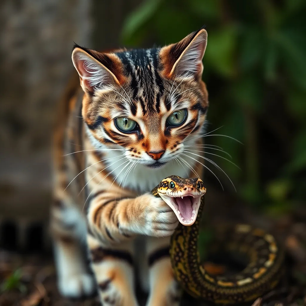 Beautiful cat playing with a snake