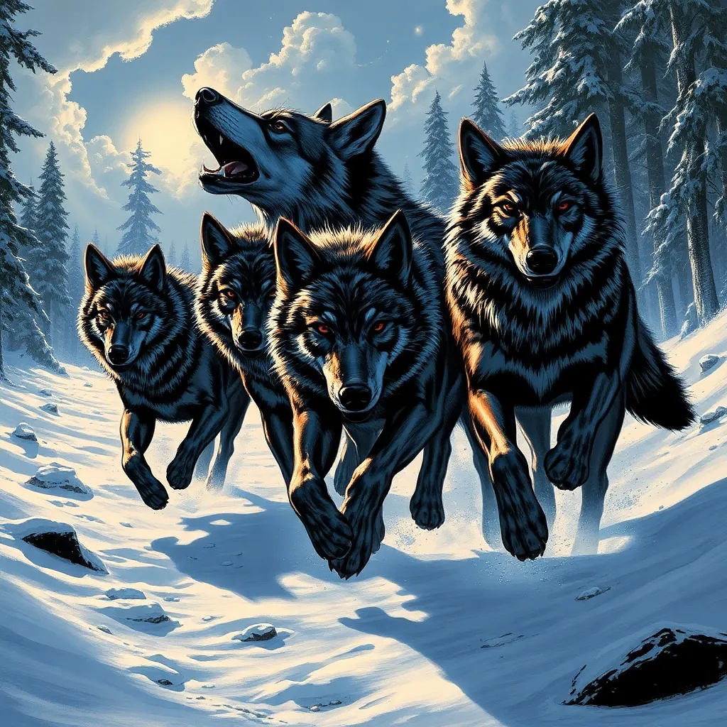 A pack of wolves running through the snowy forest, frozen mid-howl, dynamic poses, sharp contrast ink style, bold shadows.