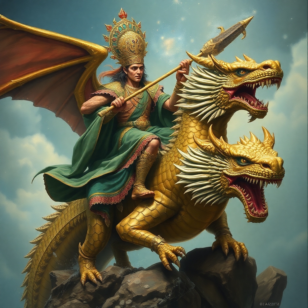 Glorious Ancient prince riding dragon, oil-paining, ultra-detailed