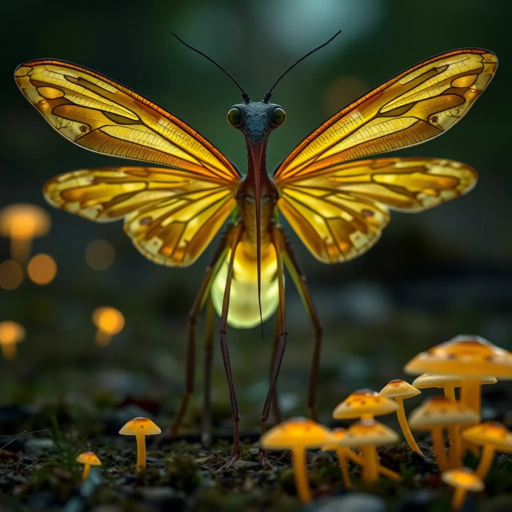 A docile hexapod creature with a long neck, butterfly-like wings, and a glowing underbelly, grazing on luminous mushrooms.