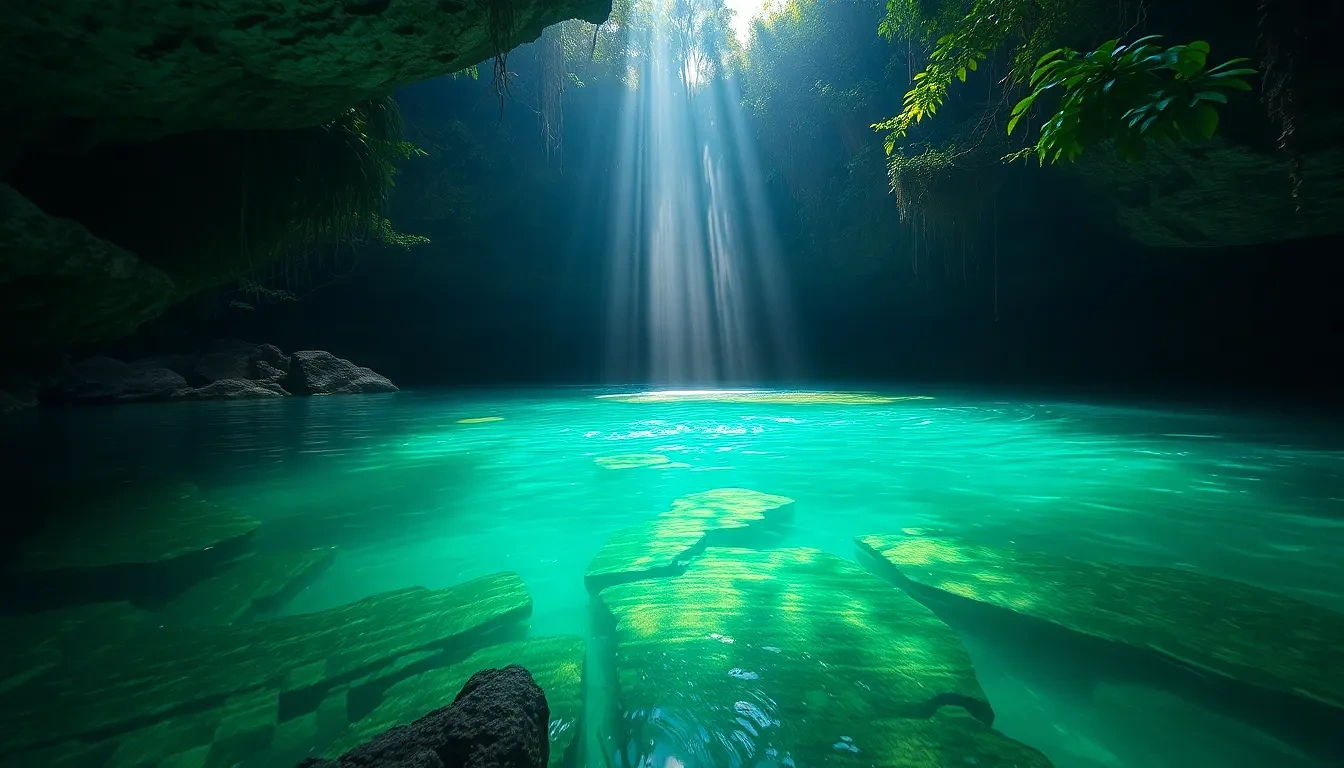 “Hidden cenote in Yucatán jungle, sunlight shaft illuminating emerald water, underwater rocks visible, split-level half-above shot, photographic”