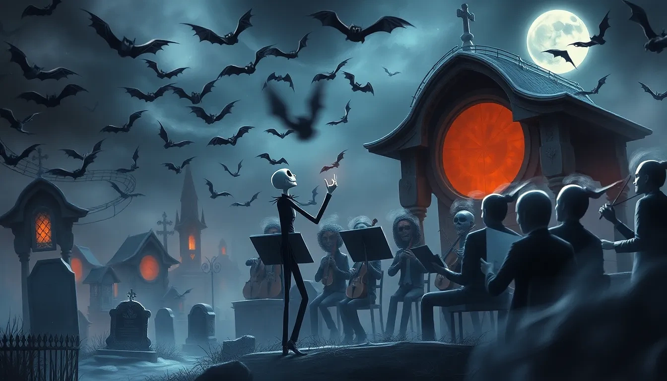 Jack Skellington conducting a spectral orchestra in a windswept graveyard, swirling bats forming music notes, ecstatic creativity
