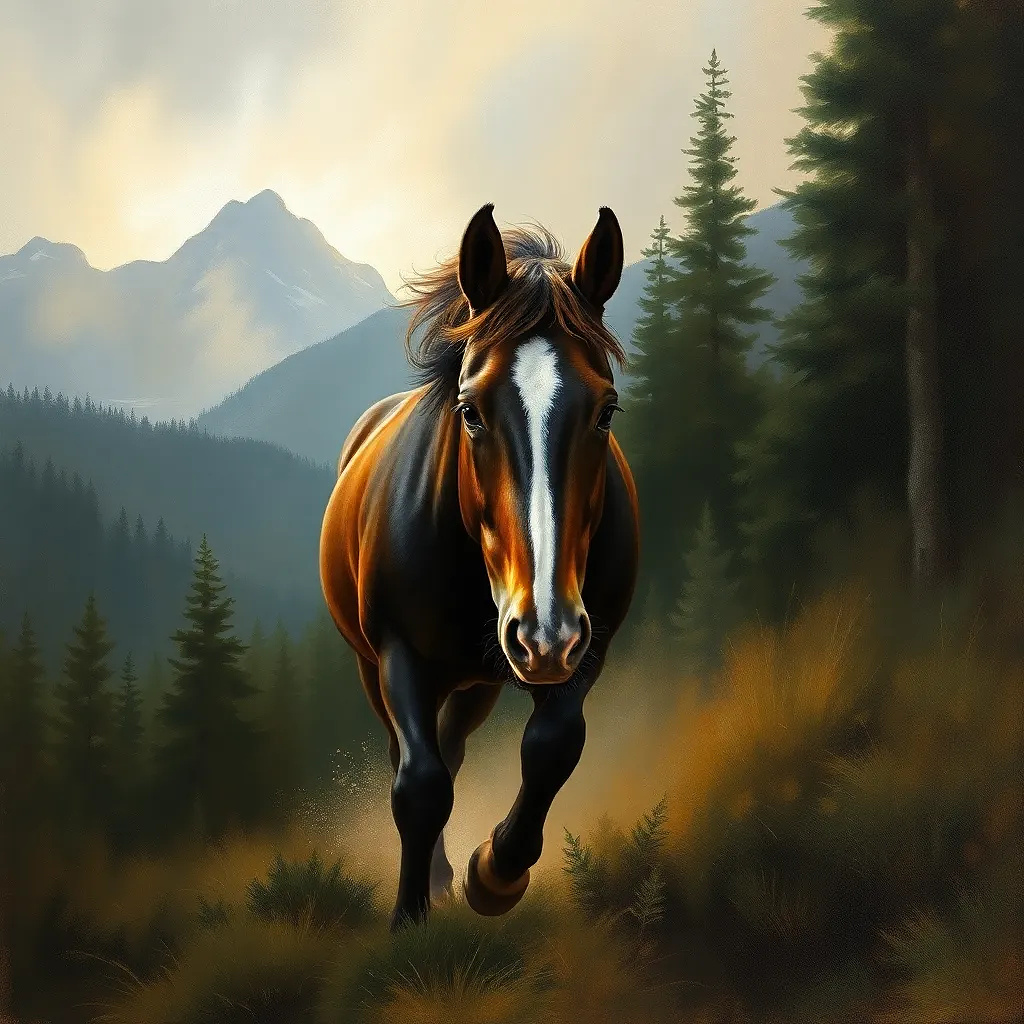 Horse running in moutains and forest, oil painting