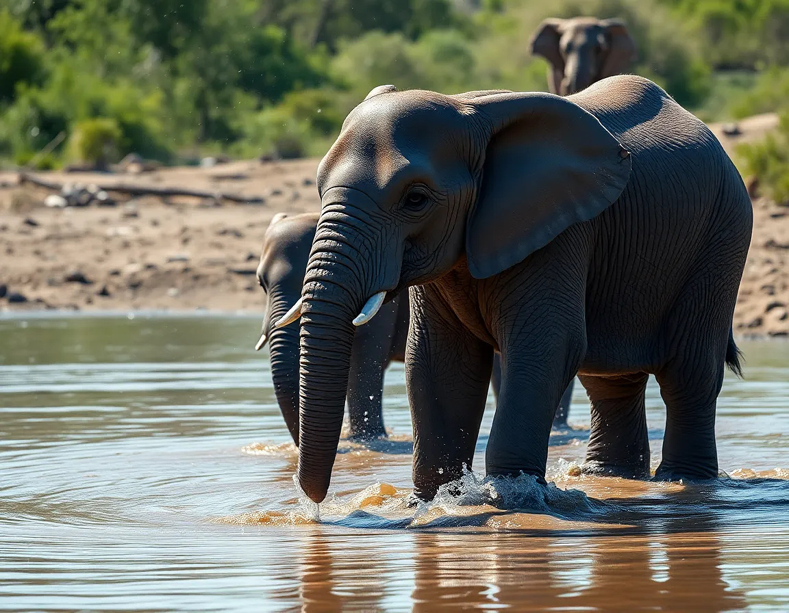 Baby elephants splashing in a watering hole, dust and water droplets catching the light.