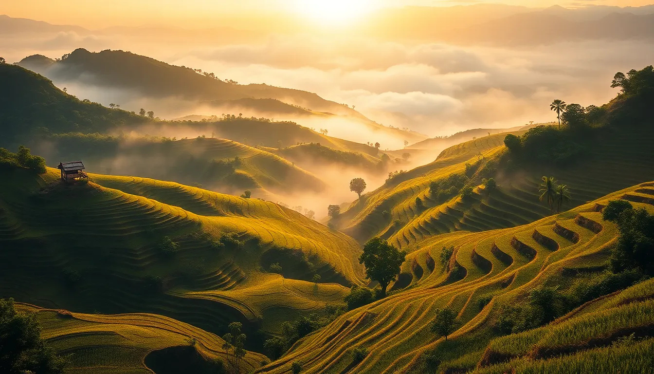 Glistening rice terraces of Vietnam at dawn, mist rising from valley, leading S-curve pattern, wide dynamic range, oil painting