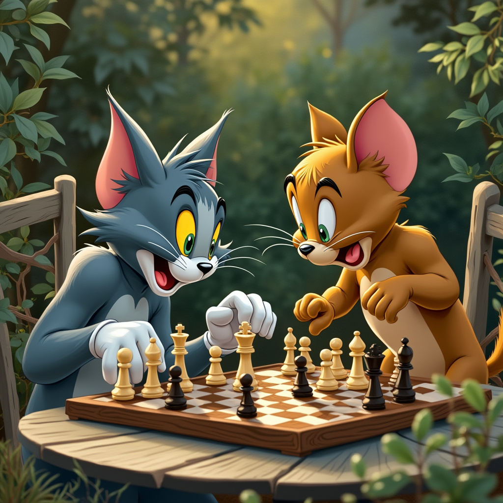 Tom and jerry playing chess in the garden