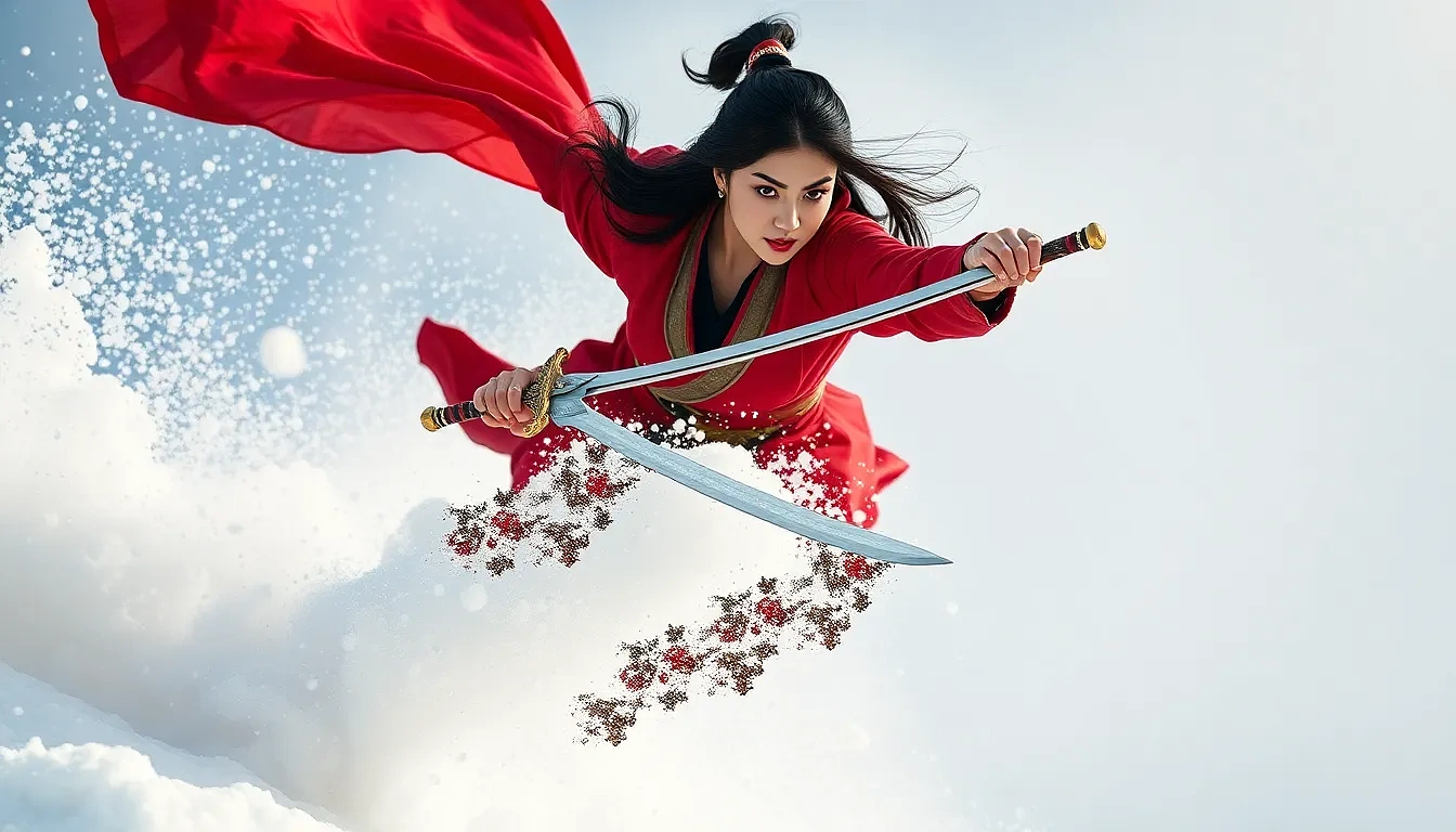 “Mulan in mid-leap deflecting avalanche debris with her sword, snow plume exploding around her, crimson cape billowing, fierce resolve in her eyes”