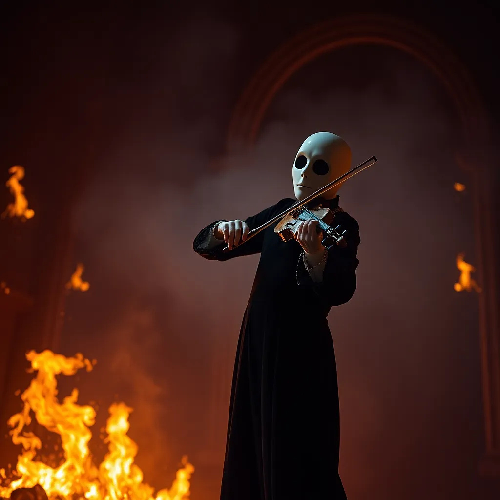 Phantom of the Opera-style figure playing a violin in a burning theater, flames frozen in time.  Phantom of the Opera-style figure playing a violin in a burning theater, flames frozen in time.