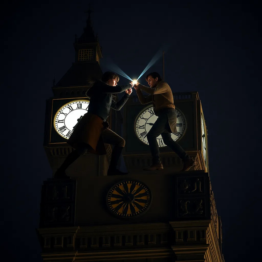 Two rivals dueling atop a clock tower at midnight, gears turning behind them, each strike perfectly timed.