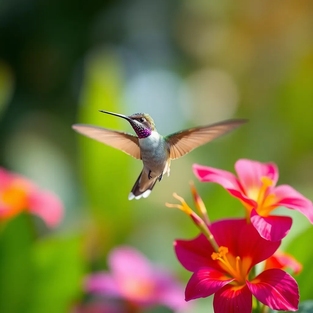 A hummingbird hovering near vibrant tropical flowers, bokeh light effects in the background.