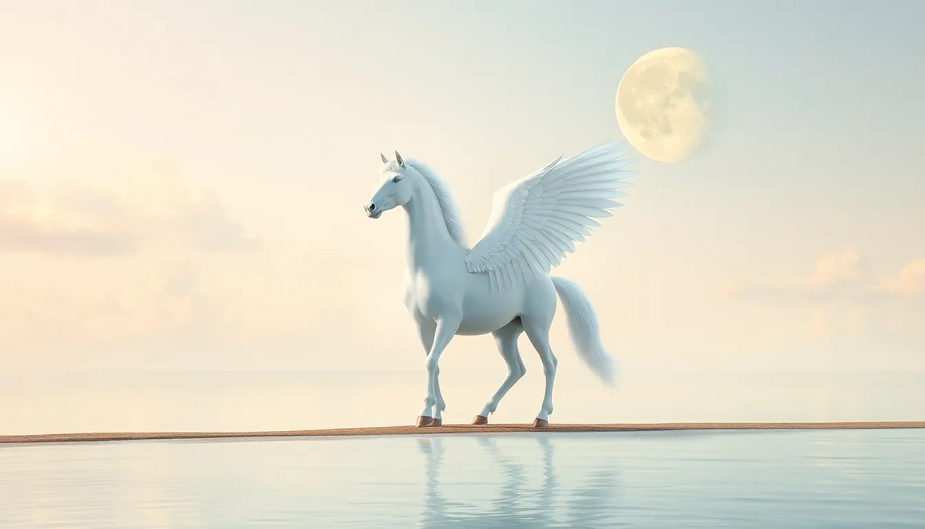 A majestic white pegasus, centrally positioned, stands on a tranquil shoreline.  The pegasus is a large, muscular, and elegant creature, with large, detailed, white feathered wings spread wide, and a flowing mane and tail. Its posture is calm and alert, standing with all four hooves firmly planted on the shore's edge,  facing slightly to its left, its head tilted slightly. The environment is a serene coastal scene with a calm, light teal-toned water reflecting the pale sky.  Soft, golden-toned clouds are scattered across a light, teal-toned sky, with a large, prominent pale yellow-white moon positioned high in the upper right quadrant. The lighting suggests a serene sunset or sunrise, with soft, diffused light casting gentle highlights and shadows on the pegasus and the water. The scene has a dreamlike, fantastical quality. The composition is balanced, with the pegasus as the focal point against the backdrop of the sky, clouds, and water.  The colors are pastel and harmonious, evoking a sense of peace and wonder. The overall style is artistic and imaginative, reminiscent of a fantasy painting.