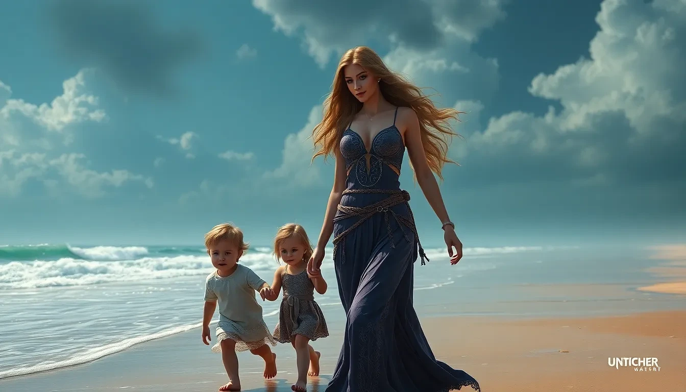 A glorious woman walking with her 2 children. she is hold their hand at the beach.