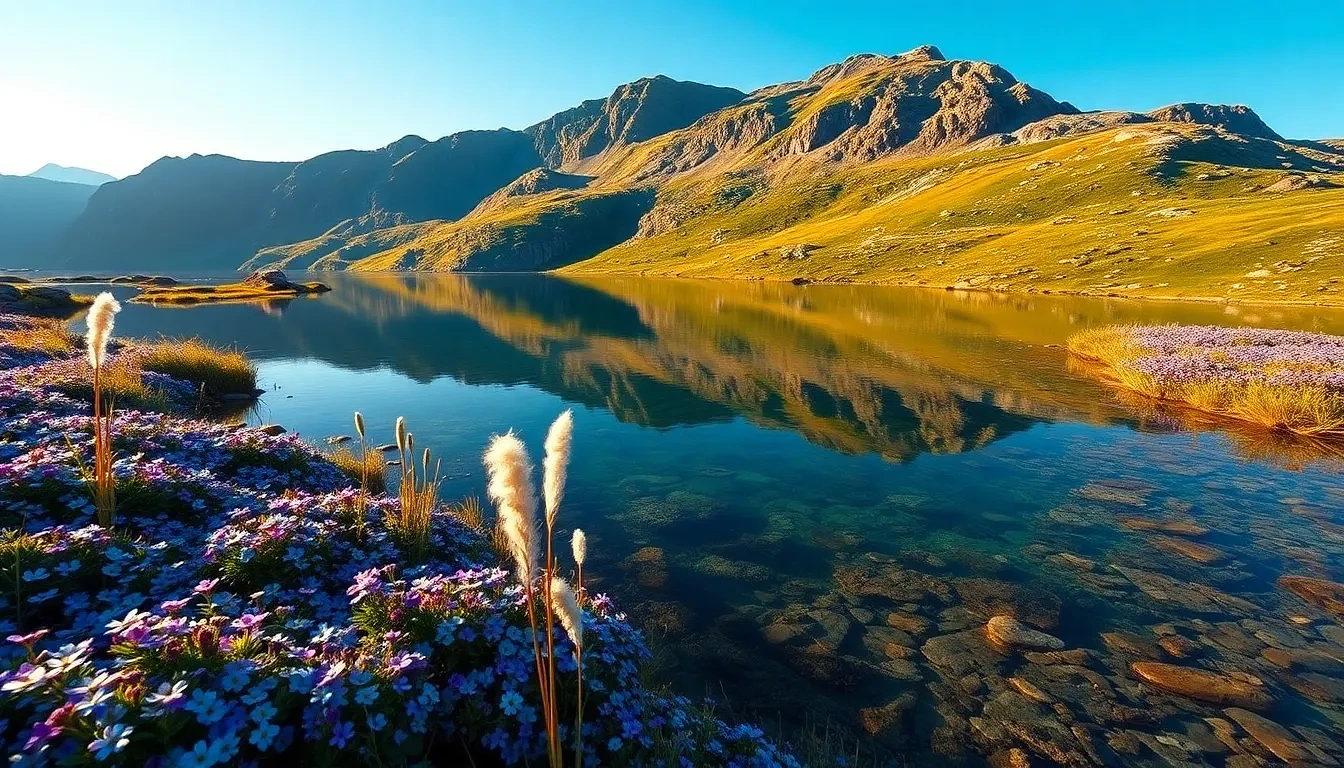 “Crystal-clear alpine tarn rimmed with flowering water forget-me-nots, purple marsh saxifrage, and white cotton grass tufts swaying in high-mountain breeze, sweeping 16 mm vista, photographic”