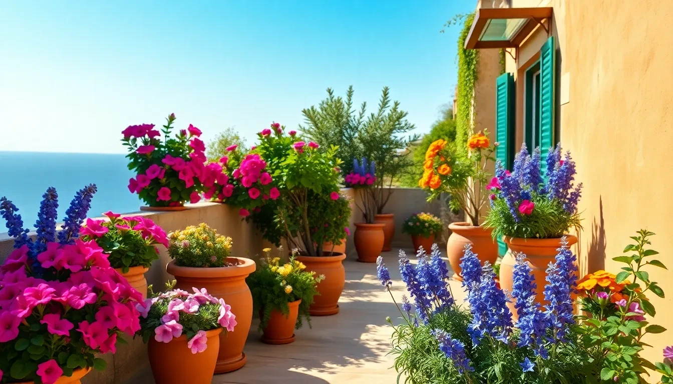“Vibrant Mediterranean terrace with terracotta pots packed with bougainvillea, geraniums, lavender, and blue agapanthus against sun-washed stucco wall, photographic”
