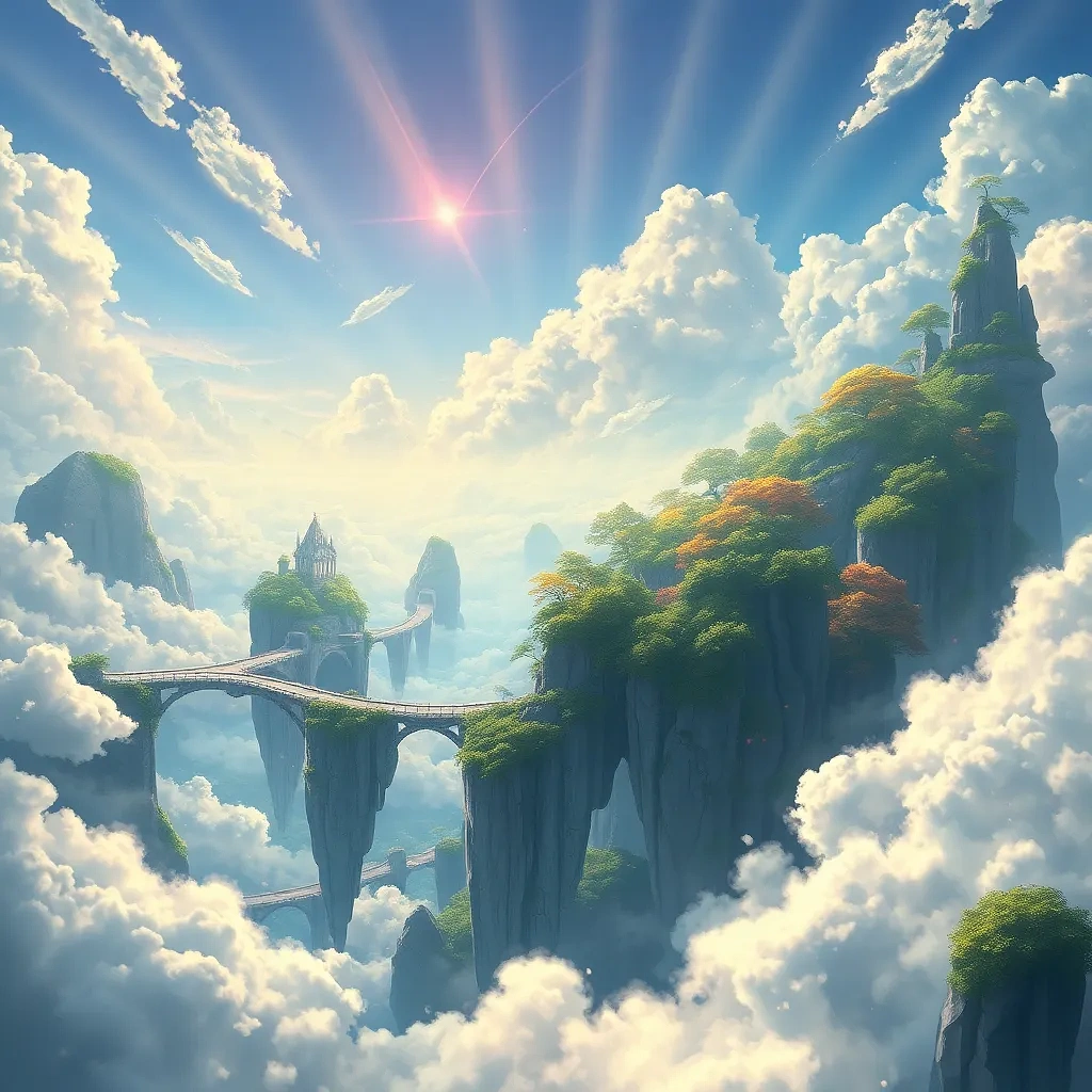 “Sky islands connected by crystal bridges” – high-detail foliage, god-ray sunbeams, sweeping panorama