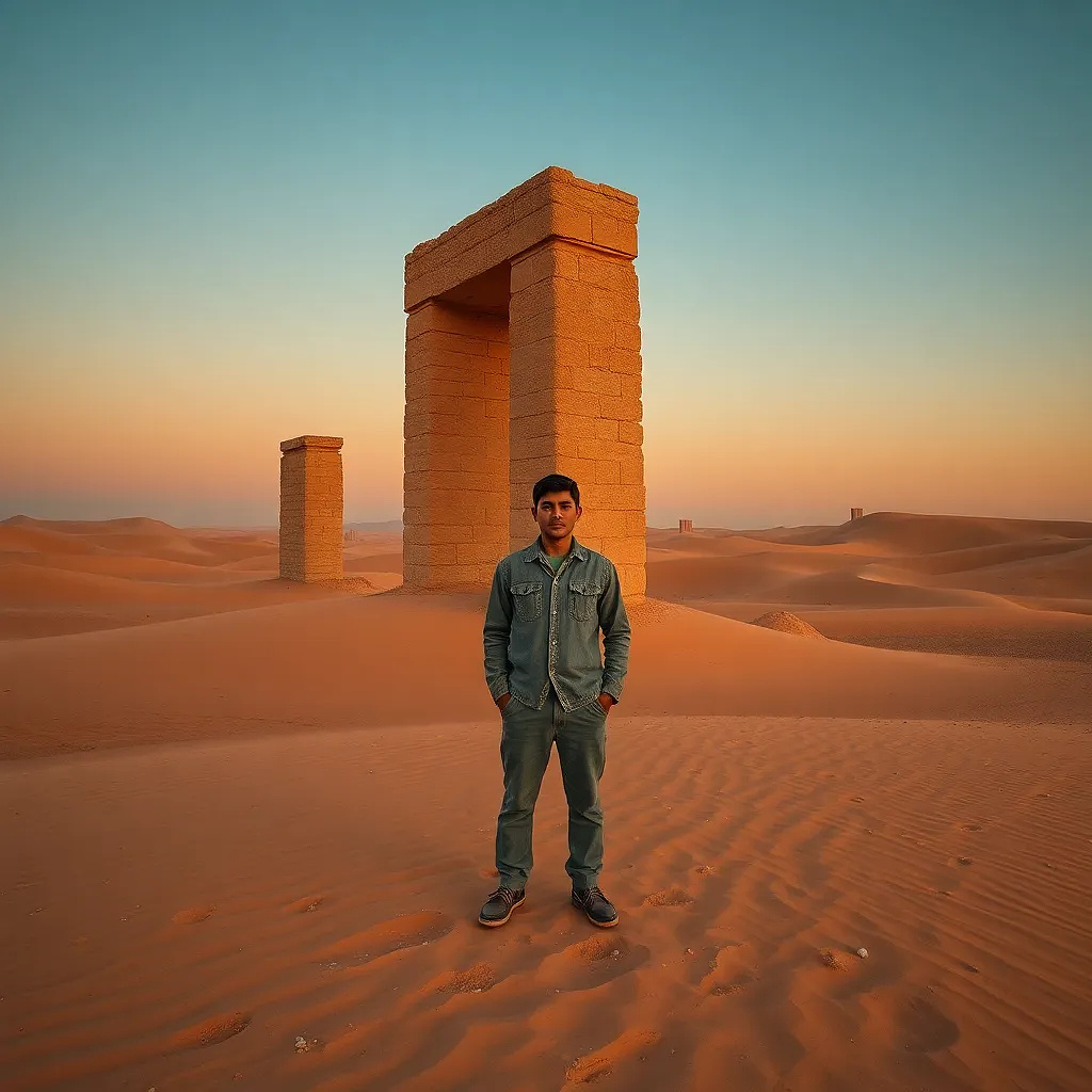 A desert where sand dunes sing symphonies at dusk, and ancient stone obelisks project holograms of forgotten civilizations.