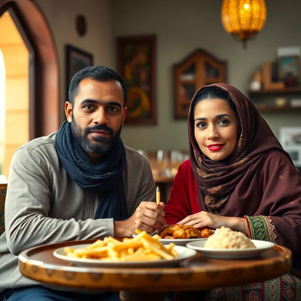 Moroccan couple eating in restaurant