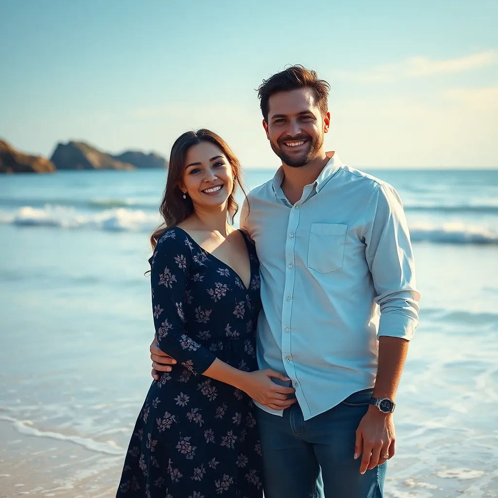 Happy couple in the beach, oil pinting