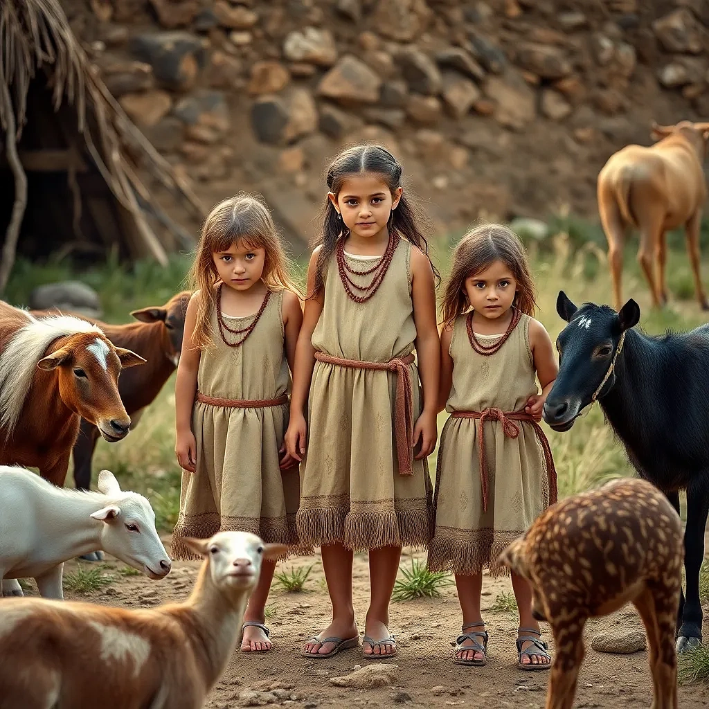 3 Little girls playing in the year 1200 BC, realistic, domestic animals around the 3 girls