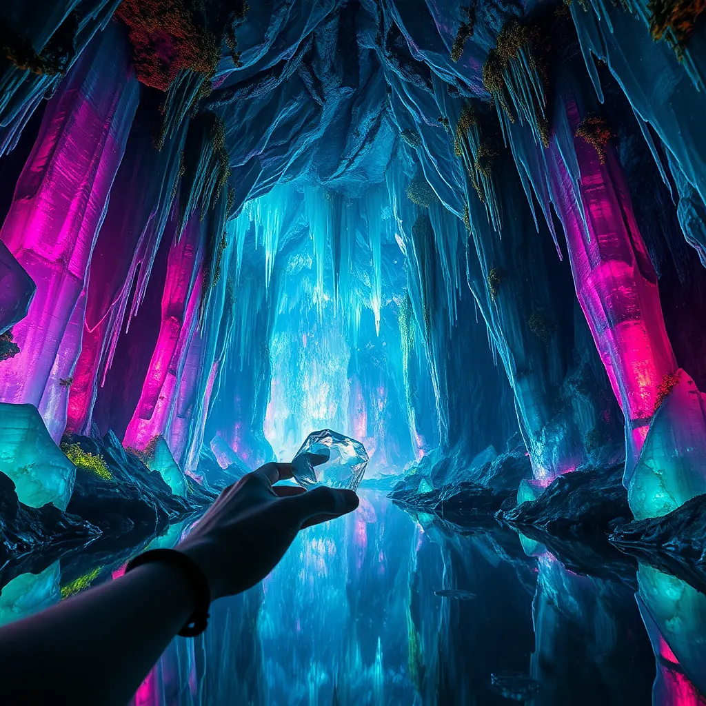 An underground cavern filled with towering crystal formations that emit prismatic light. The walls are embedded with glowing lichen, and the ceiling drips with luminescent water droplets. Reflective pools create infinite mirrors of color. A Na’vi explorer touches a crystal, causing a ripple of light to spread. Sci-fi fantasy, cinematic lighting.
