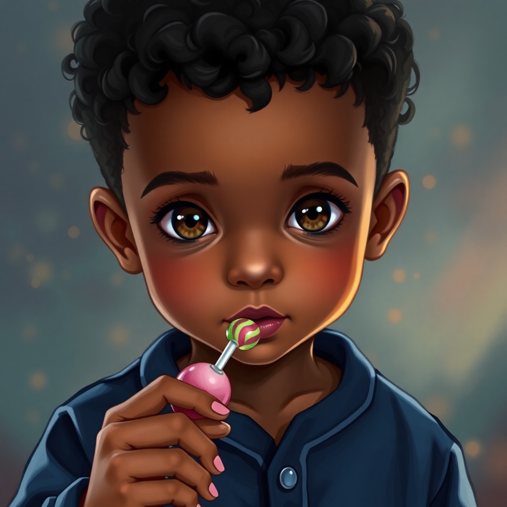 Boy with round face, 1 year old, little brown skin, short curly hair, brown eyes, wearing dark blue pajamas, holds a lollipop in his hand