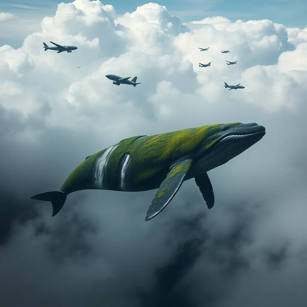 Colossal whale floating in the clouds, covered in moss and waterfalls, airships circling like tiny birds.