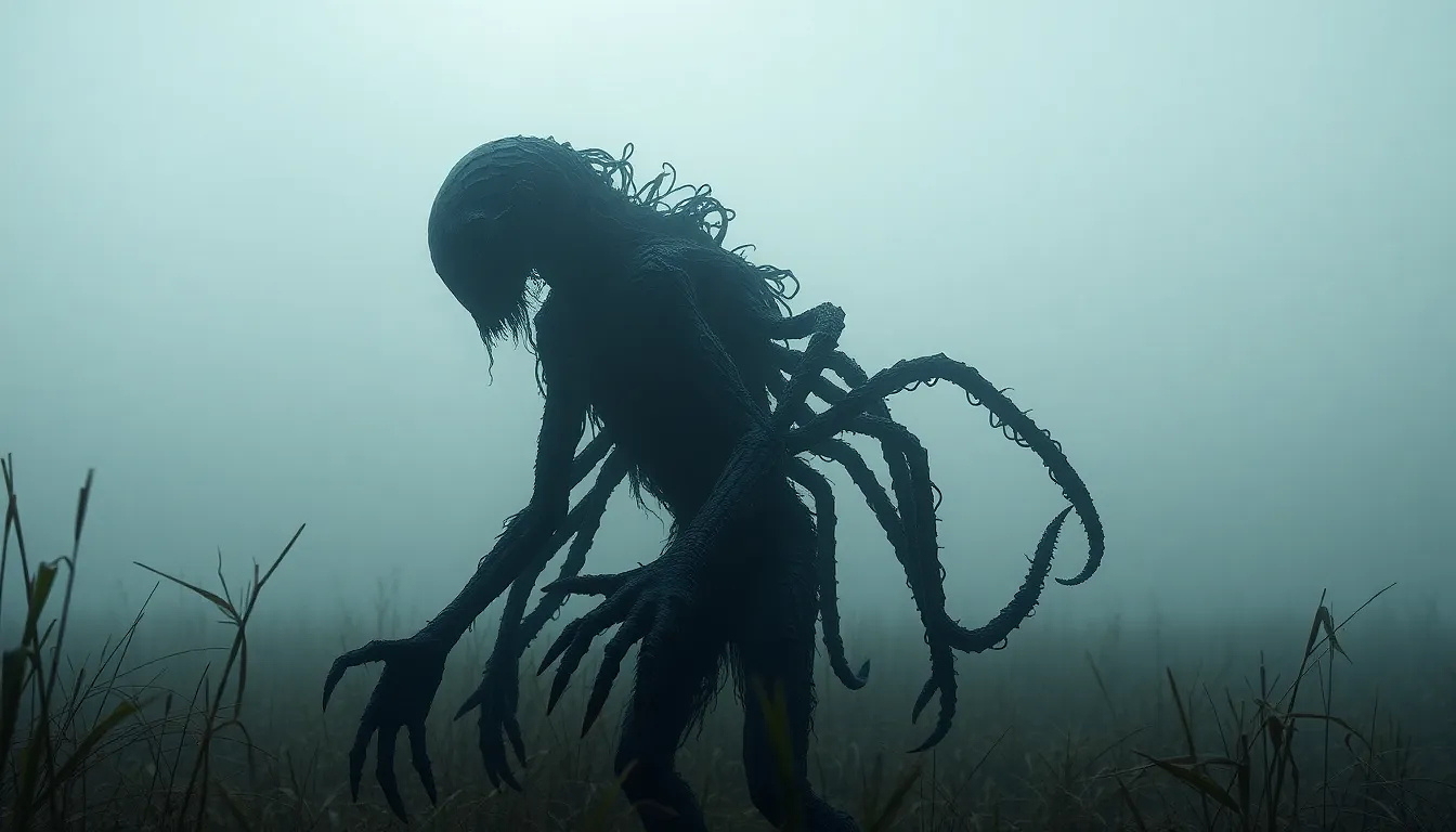 A shadowy apex predator with a faceless head and too many limbs, lurking in the fog of an alien marsh, eerie and unsettling.