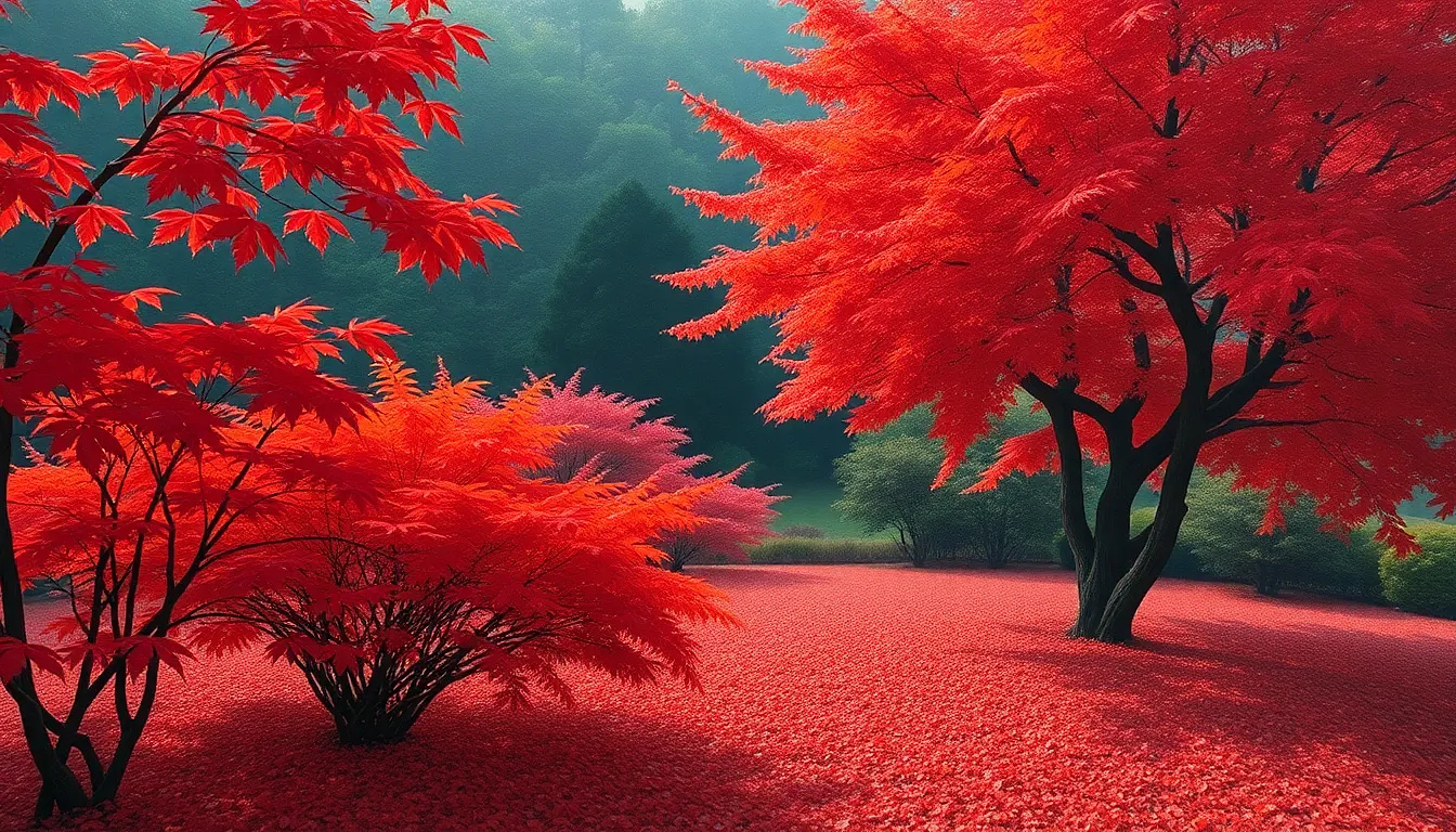 Serene Japanese maple garden in peak autumn, fiery red leaves carpet ground, soft diffused light, Oil painting