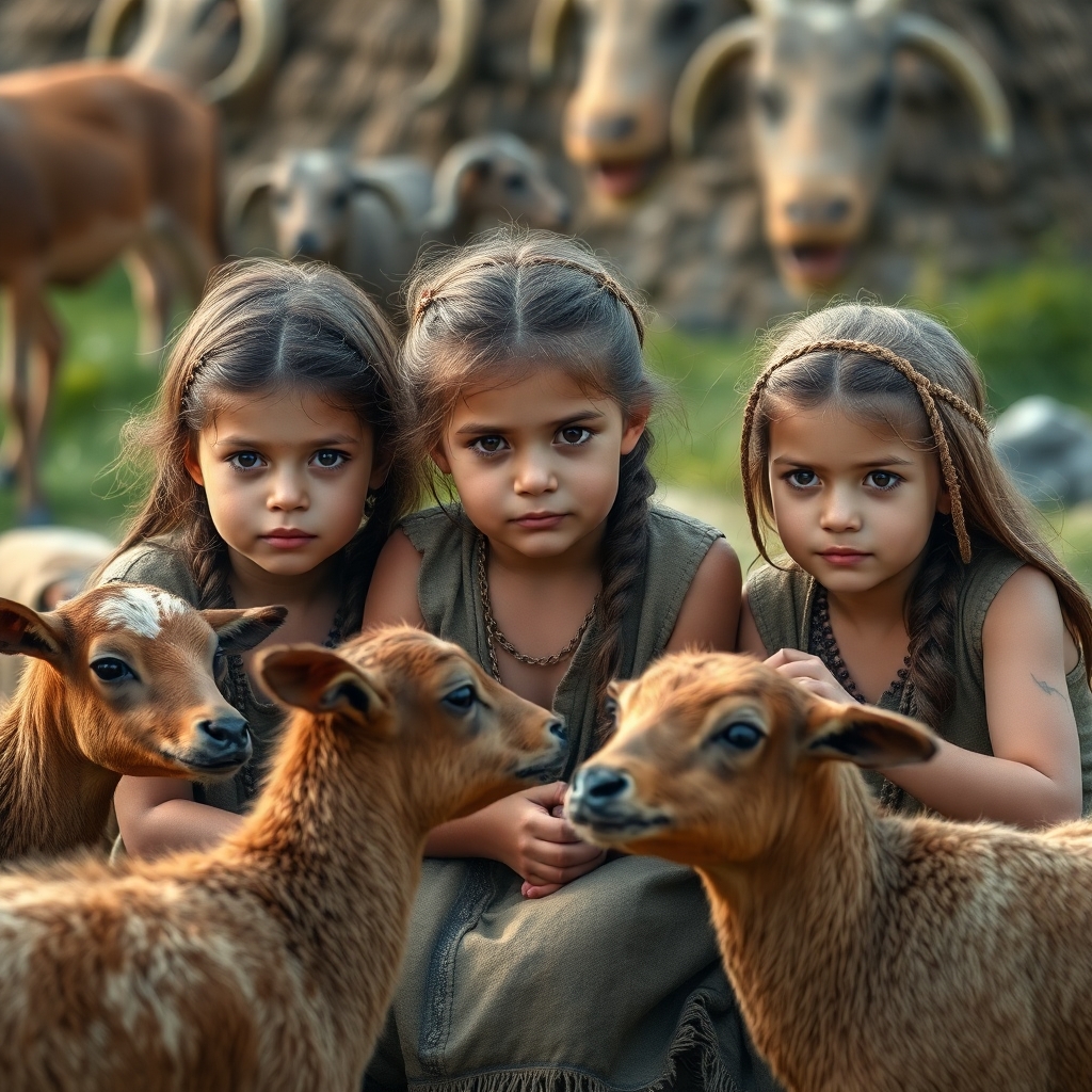 3 Little girls playing in the year 1000 BC, realistic, domestic animals around the 3 girls