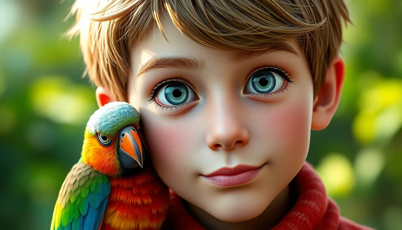 A very beautiful 10 years old boy with grey eyes,  a colorful bird on his shoulder