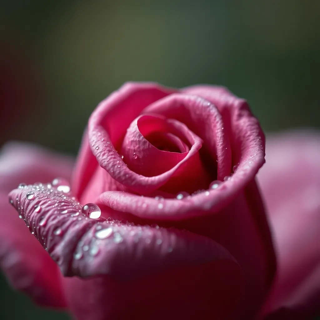 Close-up macro of dew-covered rose petal, shallow depth of field, soft bokeh background, high-resolution DSLR shot