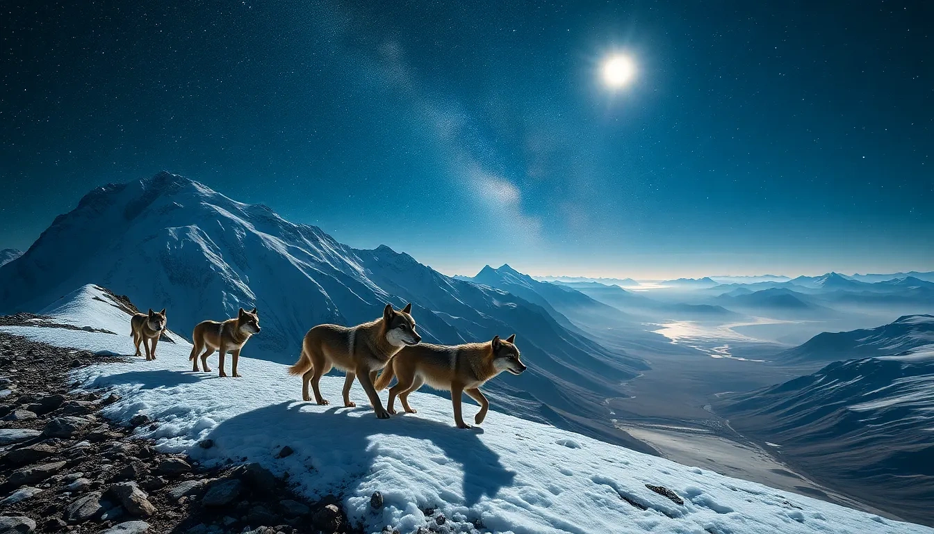 “Wolf pack traversing moonlit alpine ridge, Milky Way arcing overhead, icy valley below glowing faintly, stacked exposure clarity, photographic, panoramic view”