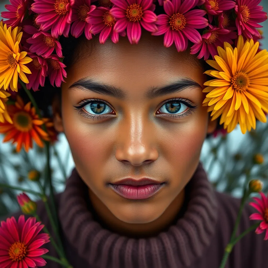 Beautiful woman, her head crowned with flowers