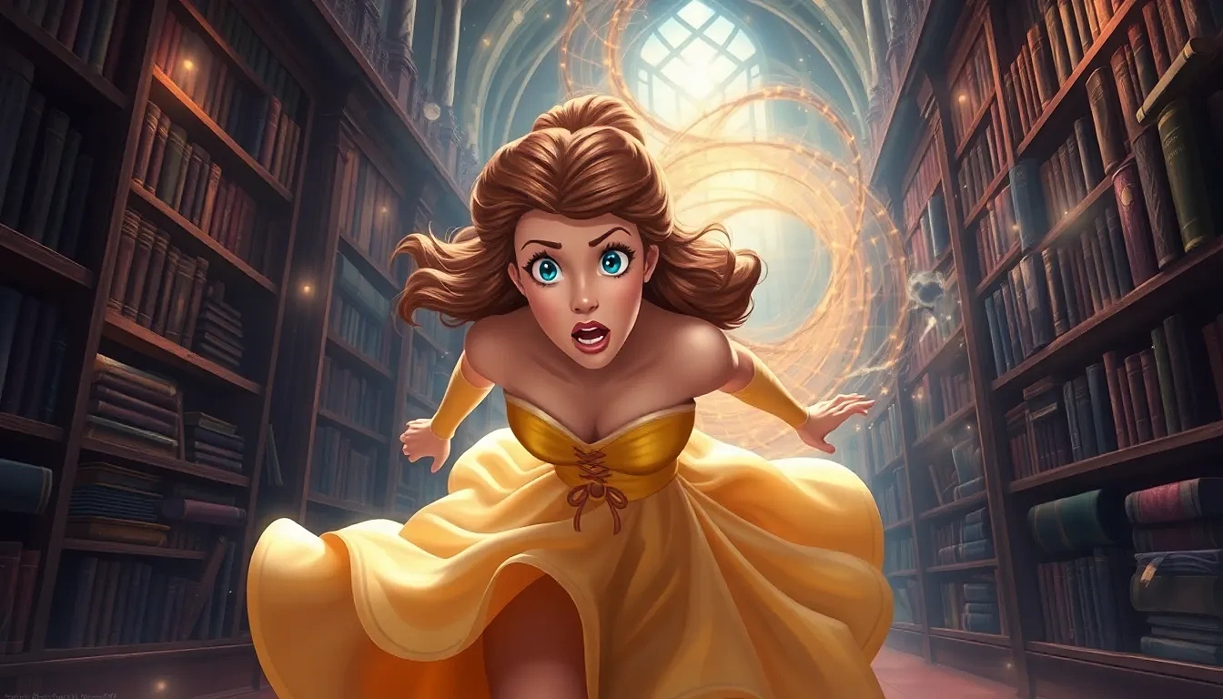 Belle sprinting through enchanted castle library as enchanted books swirl into a protective vortex, shocked awe on her face