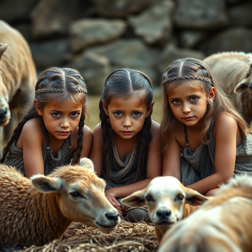 3 Little girls playing in the year 500 BC, realistic, domestic animals around the 3 girls