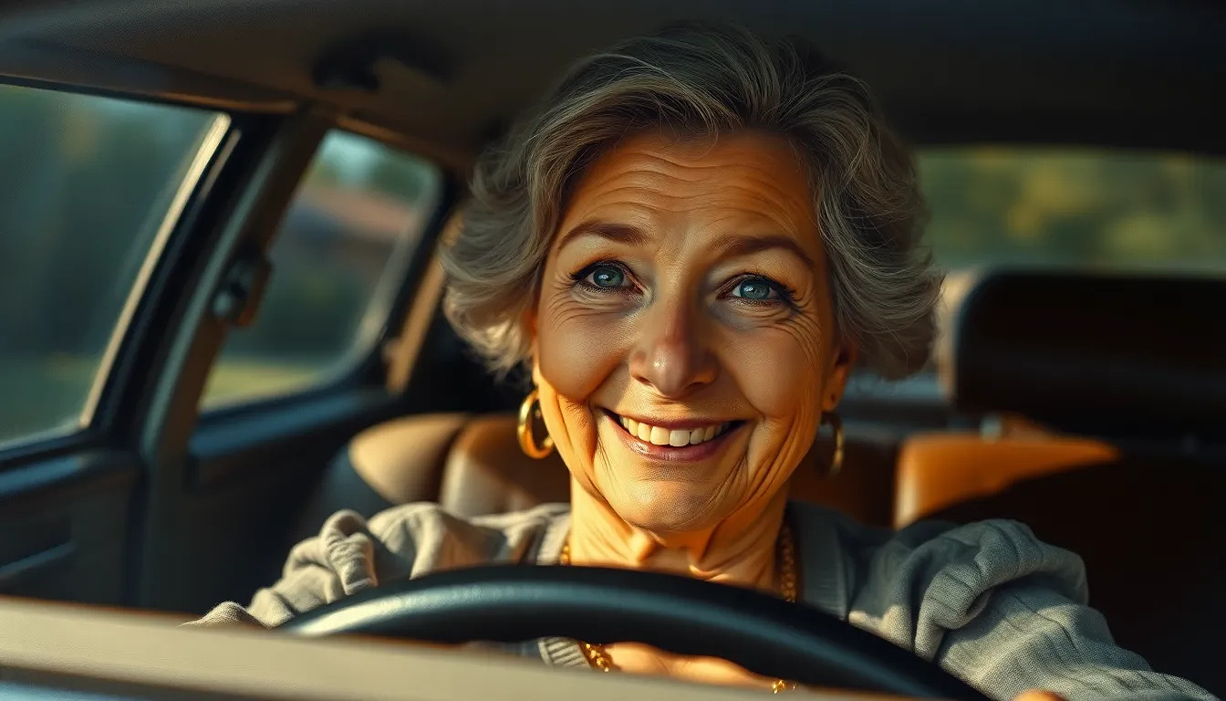 Old woman smiling in  an old car in 1972, oil painting