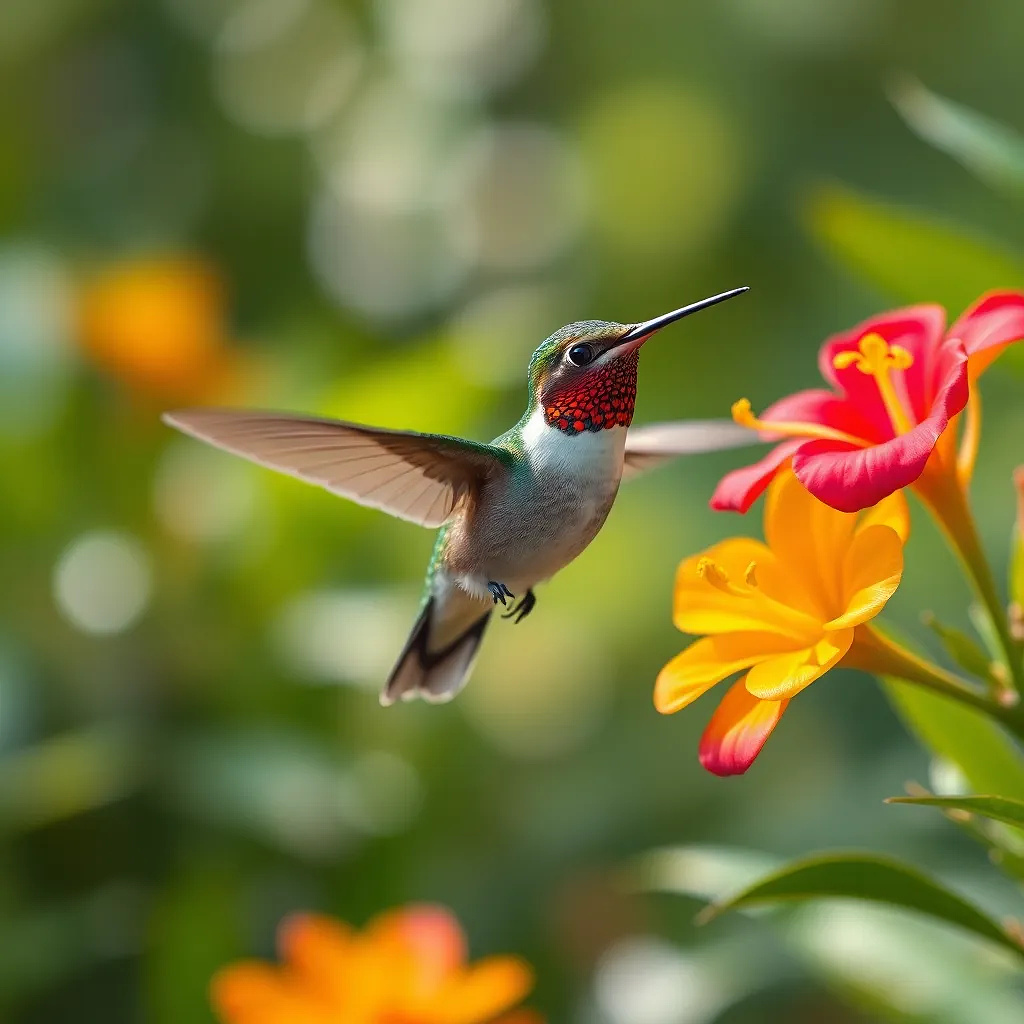 A hummingbird hovering near vibrant tropical flowers, bokeh light effects in the background.