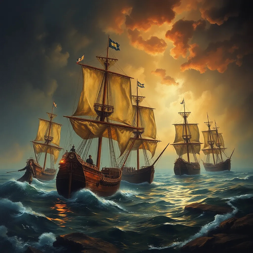 War between ancien ships in the sea, oil painting.