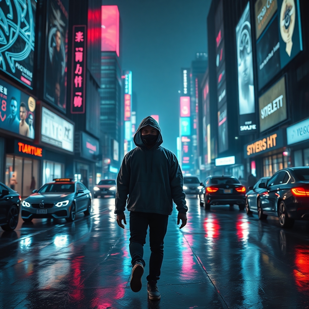 A futuristic cyberpunk city at night, neon lights reflecting on wet streets, holographic billboards, flying cars, a lone hacker in a high-tech hoodie walking through the rain, ultra-realistic, cinematic atmosphere