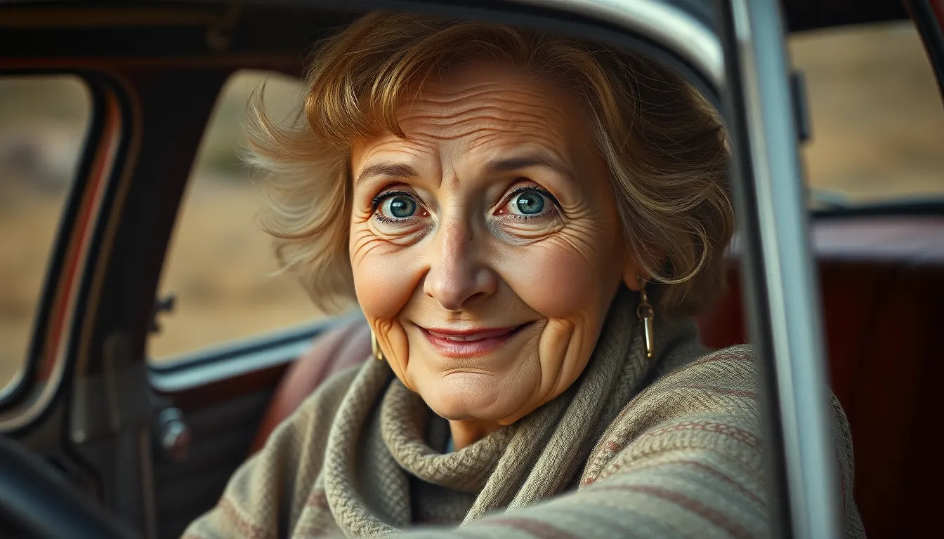 Old woman smiling in  an old car in 1972, oil painting