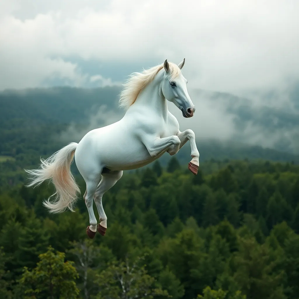 white unicorn flying in above the green forest