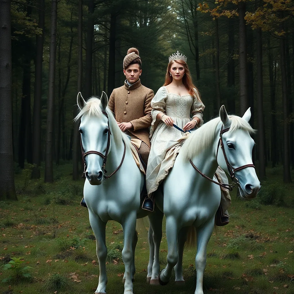 Prince and princess of Ukraine in the year 1718, riding 2 white horses in the forest
