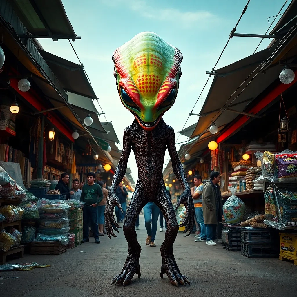 “Alien marketplace showdown” – split-panel layout, exaggerated foreshortening, explosive color pops